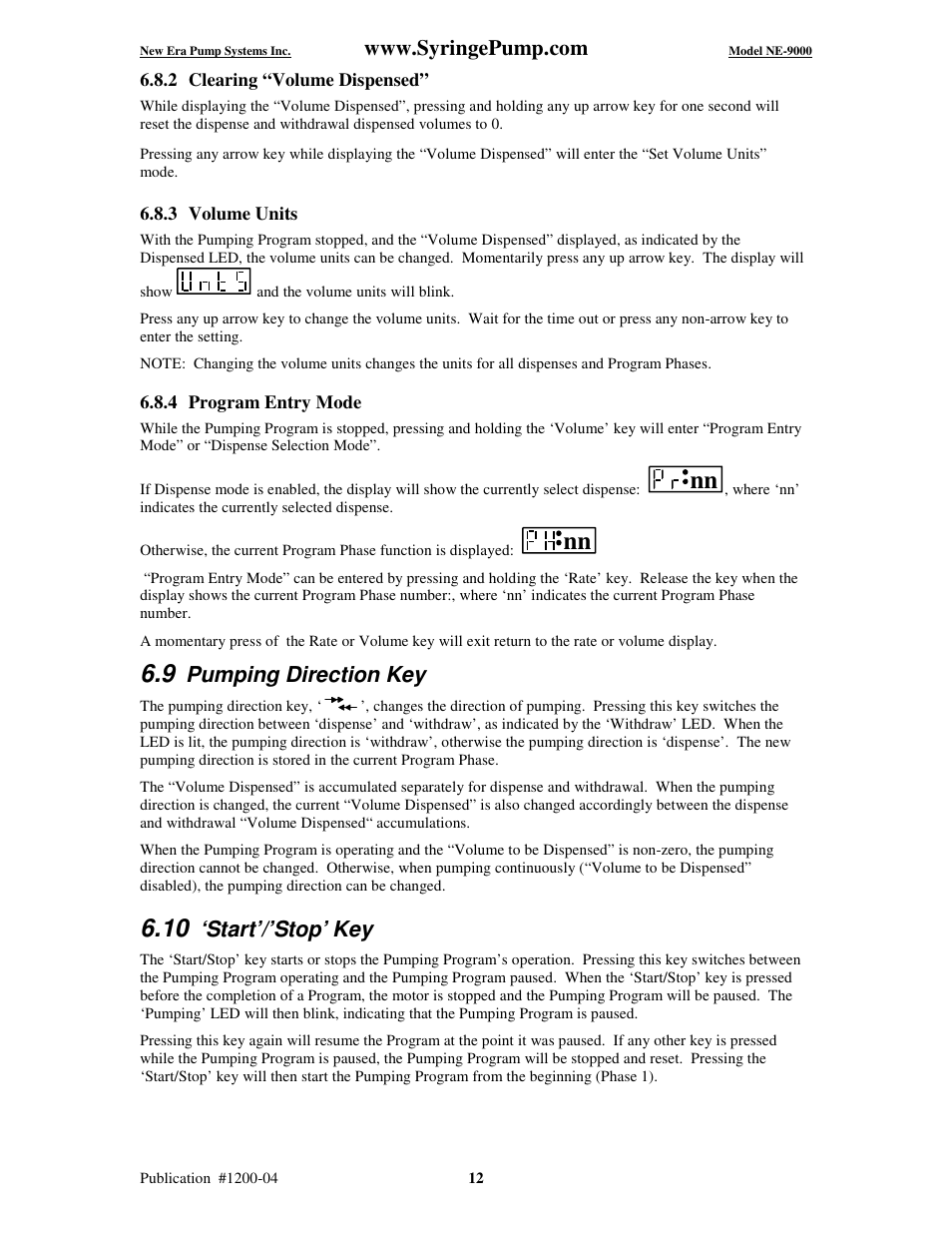 Pumping direction key, Start’/’stop’ key | New Era NE-9000 Series Programmable Peristaltic User Manual | Page 20 / 65