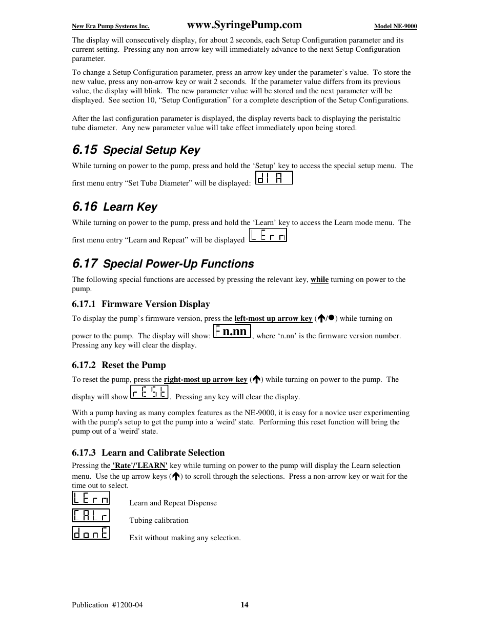 N.nn, Special setup key, Learn key | Special power-up functions | New Era NE-9000 Series Programmable Peristaltic User Manual | Page 22 / 65