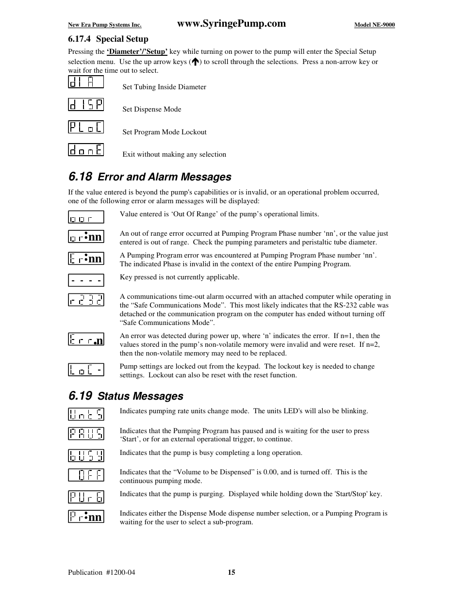 Error and alarm messages, Status messages | New Era NE-9000 Series Programmable Peristaltic User Manual | Page 23 / 65