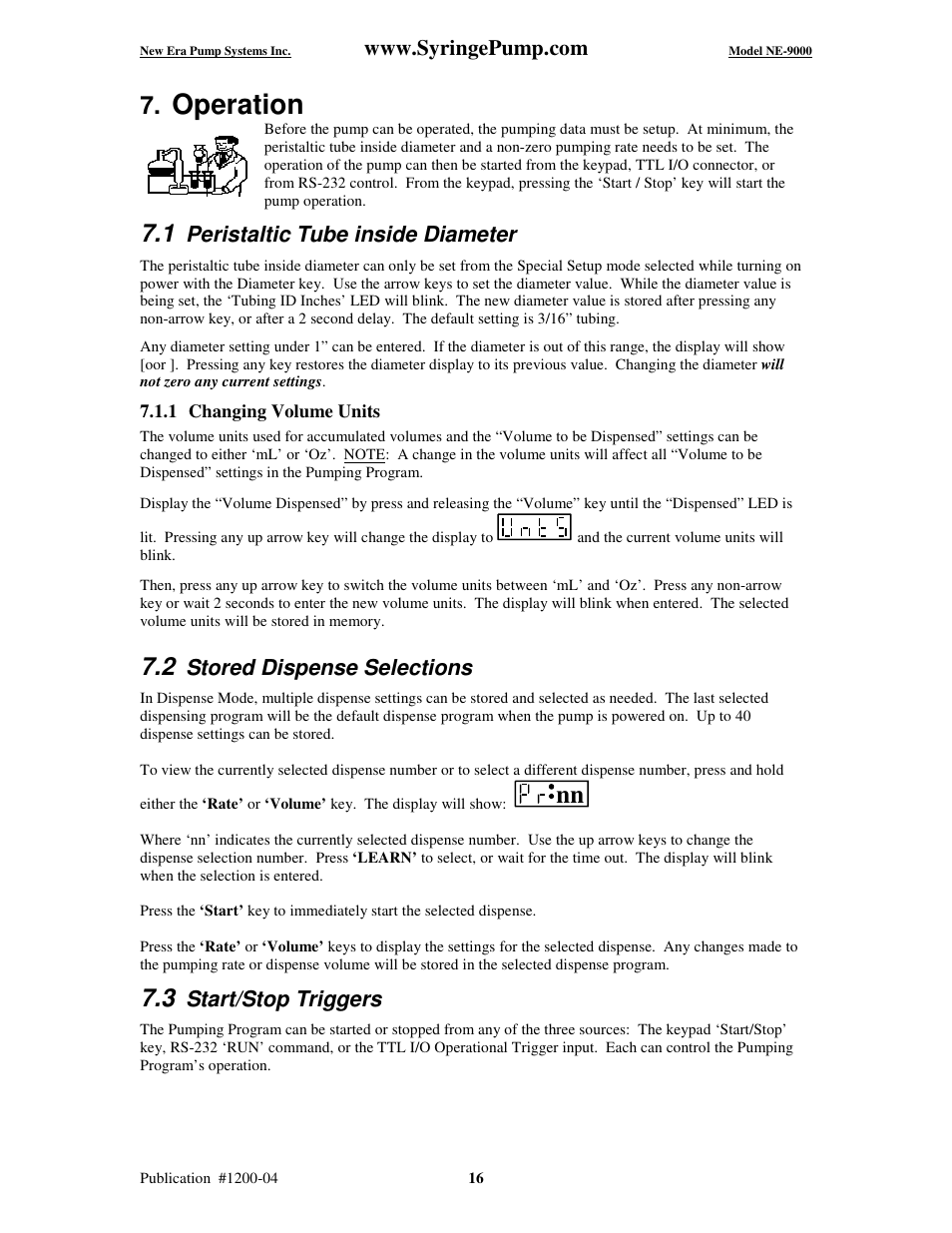 Operation, Peristaltic tube inside diameter, Stored dispense selections | Start/stop triggers | New Era NE-9000 Series Programmable Peristaltic User Manual | Page 24 / 65