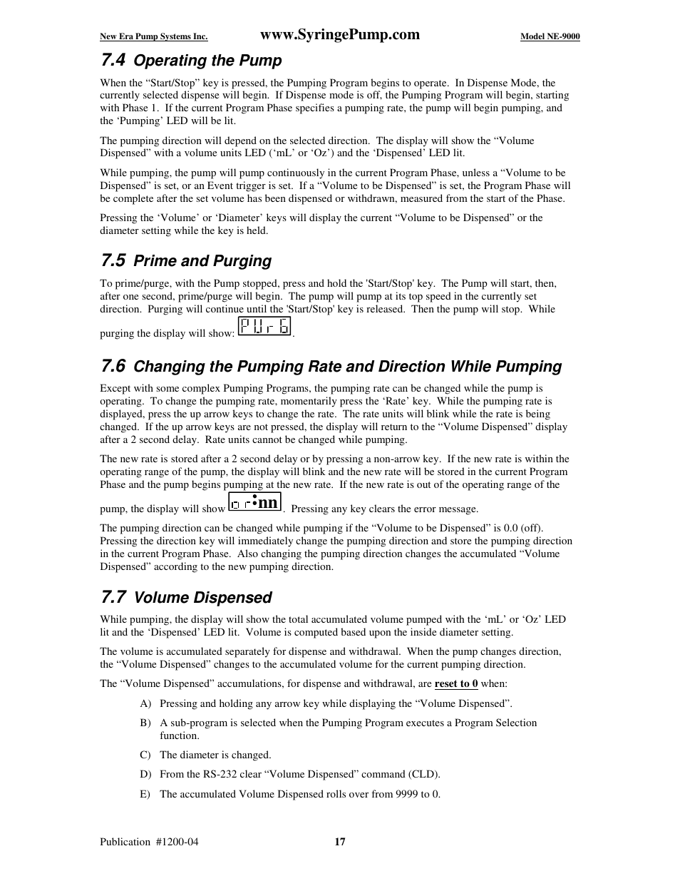 Operating the pump, Prime and purging, Volume dispensed | New Era NE-9000 Series Programmable Peristaltic User Manual | Page 25 / 65