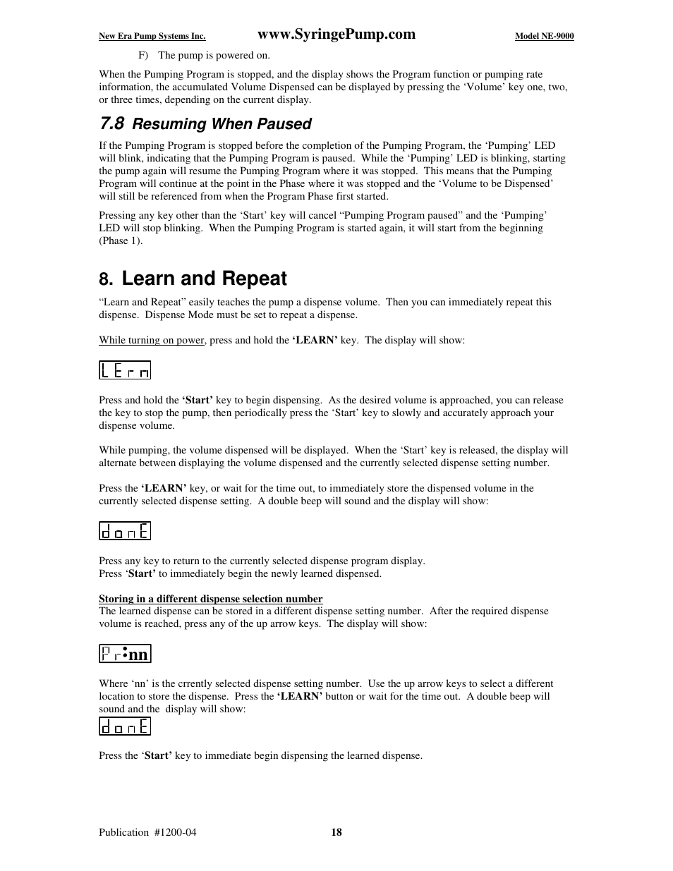 Learn and repeat, Resuming when paused | New Era NE-9000 Series Programmable Peristaltic User Manual | Page 26 / 65