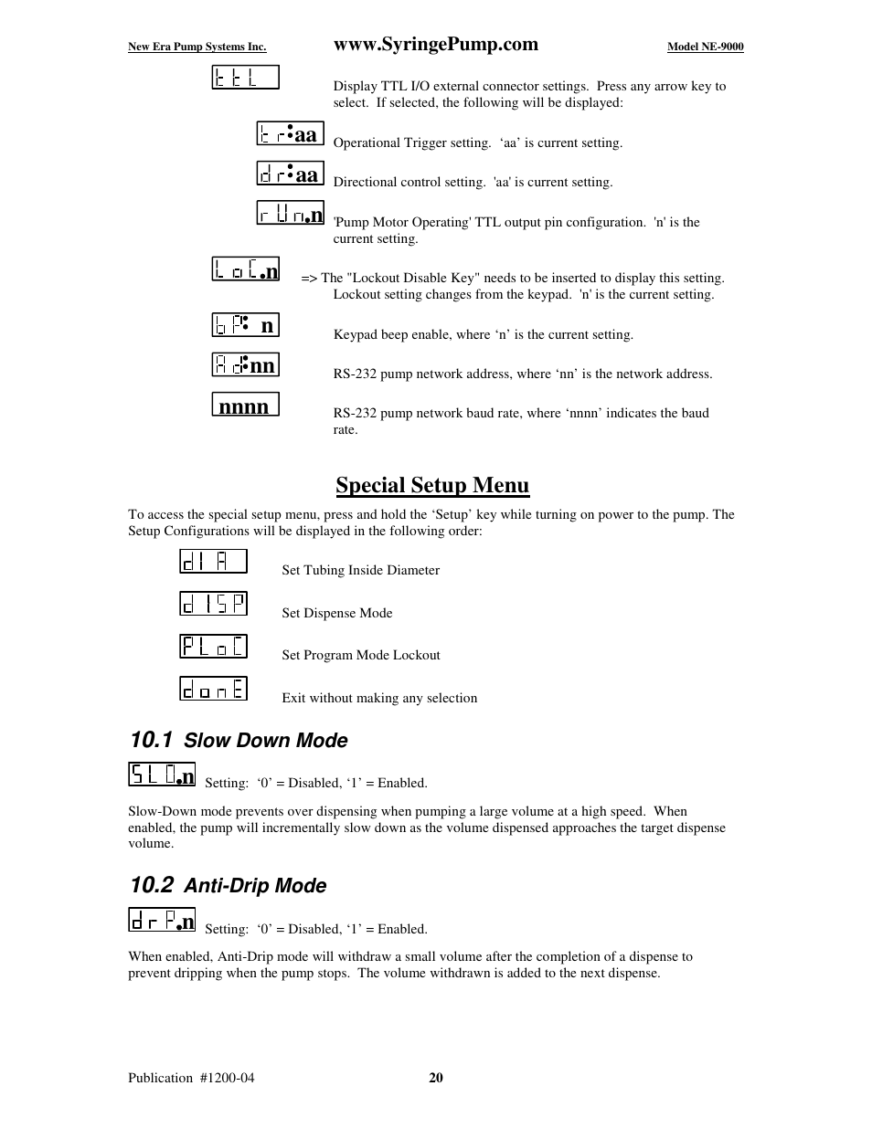 Special setup menu, Slow down mode, Anti-drip mode | New Era NE-9000 Series Programmable Peristaltic User Manual | Page 28 / 65