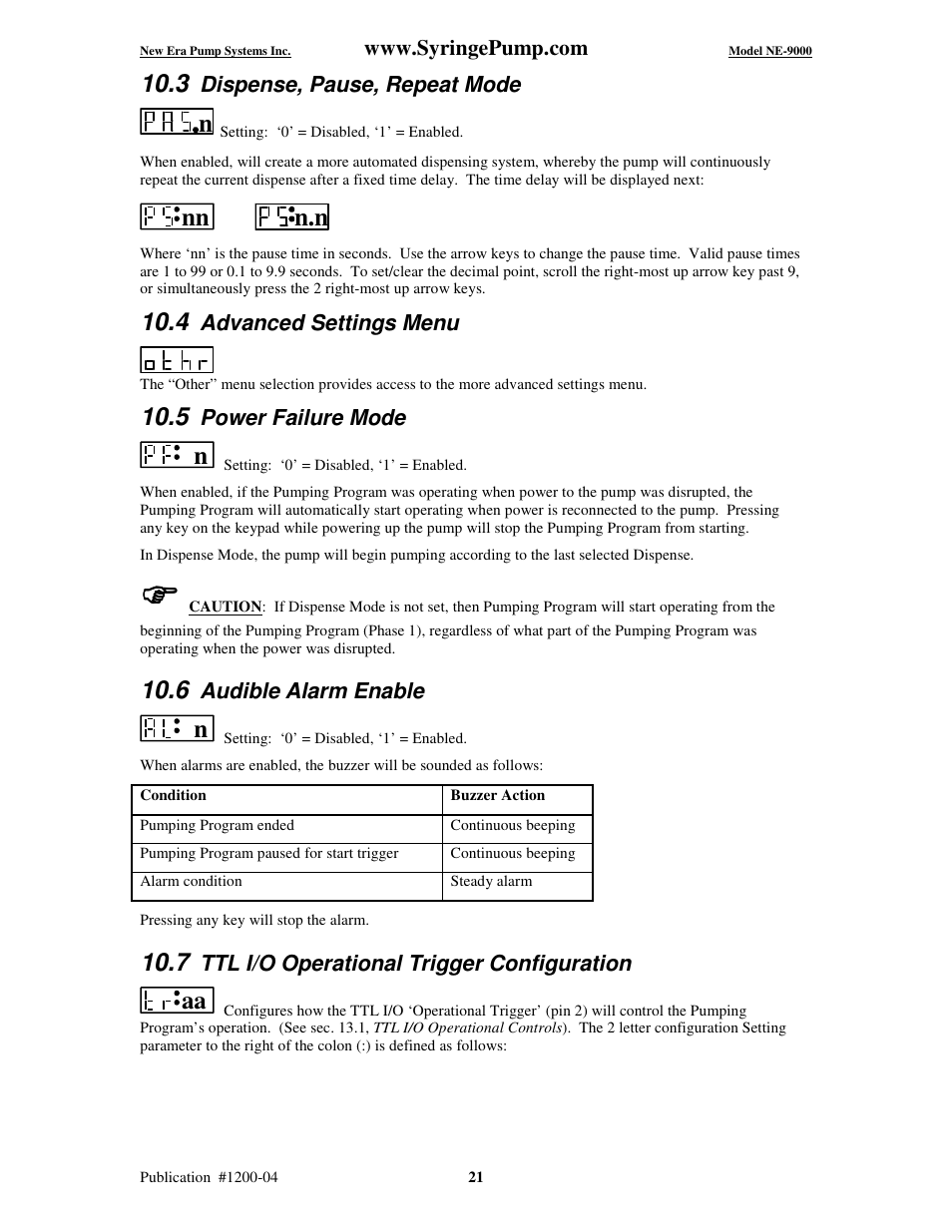 Dispense, pause, repeat mode, Advanced settings menu, Power failure mode | Audible alarm enable, Ttl i/o operational trigger configuration | New Era NE-9000 Series Programmable Peristaltic User Manual | Page 29 / 65