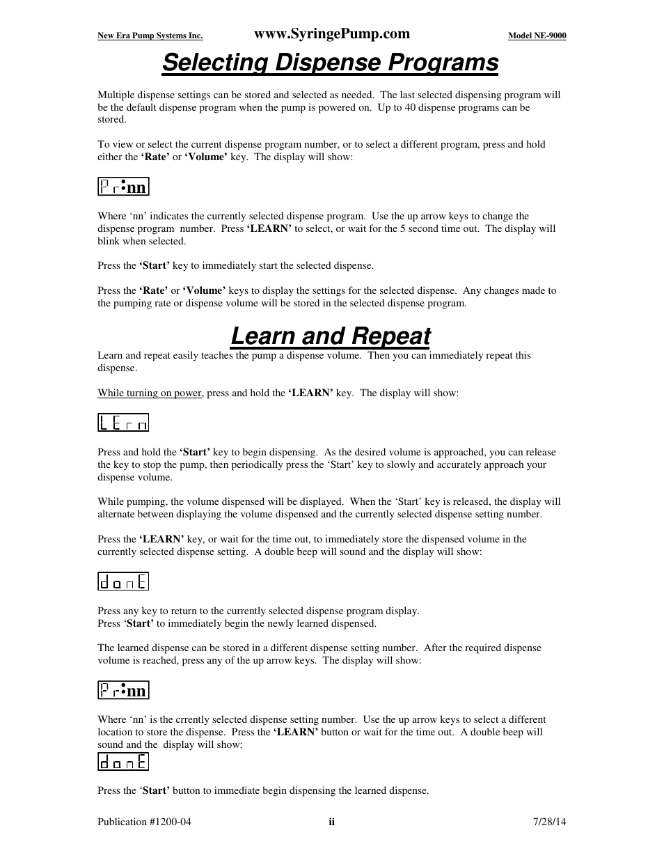 Selecting dispense programs, Learn and repeat | New Era NE-9000 Series Programmable Peristaltic User Manual | Page 3 / 65