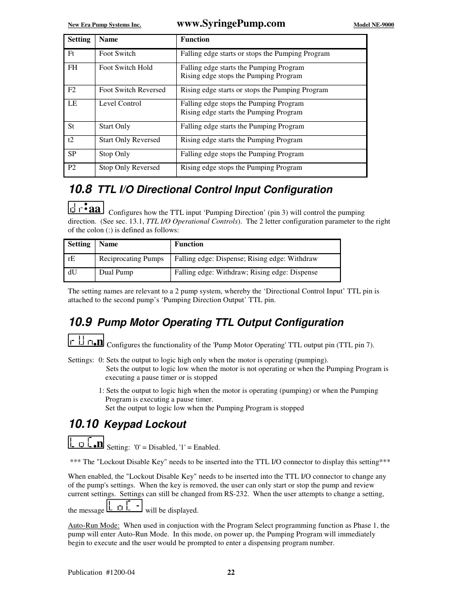 Ttl i/o directional control input configuration, Pump motor operating ttl output configuration, Keypad lockout | New Era NE-9000 Series Programmable Peristaltic User Manual | Page 30 / 65