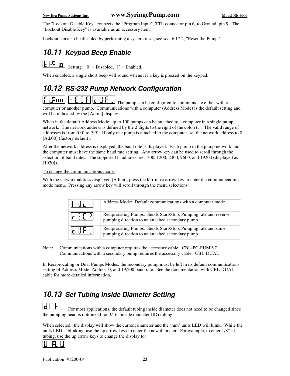 Keypad beep enable, Rs-232 pump network configuration, Set tubing inside diameter setting | New Era NE-9000 Series Programmable Peristaltic User Manual | Page 31 / 65