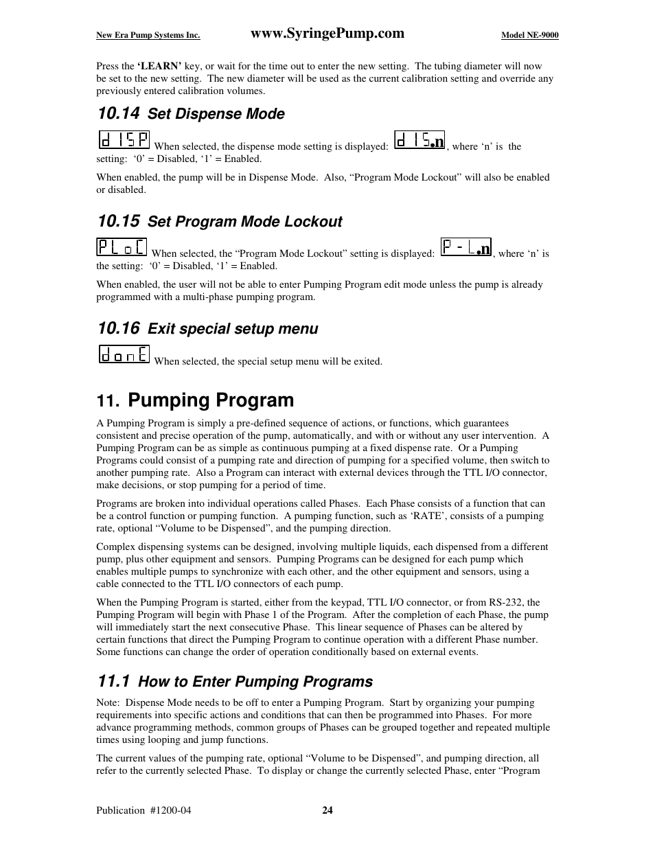 Pumping program, Set dispense mode, Set program mode lockout | Exit special setup menu, How to enter pumping programs | New Era NE-9000 Series Programmable Peristaltic User Manual | Page 32 / 65