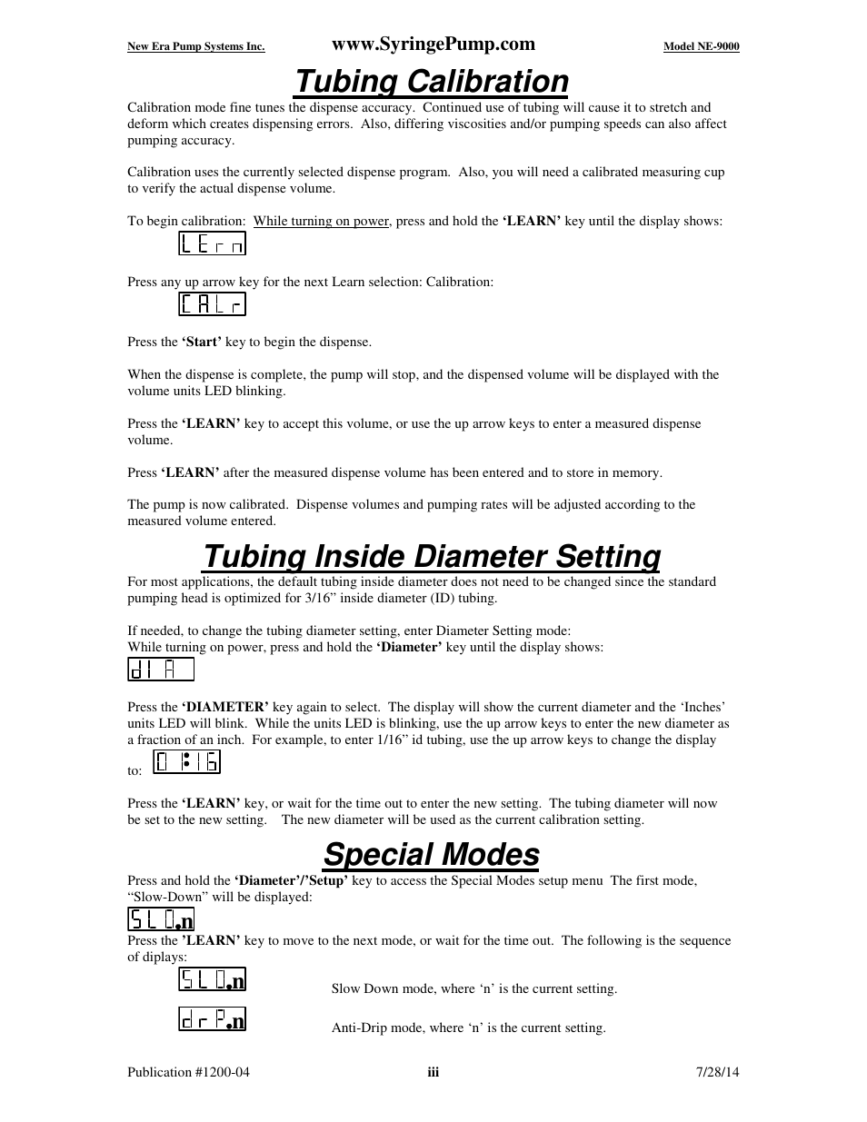 Tubing calibration, Tubing inside diameter setting, Special modes | New Era NE-9000 Series Programmable Peristaltic User Manual | Page 4 / 65