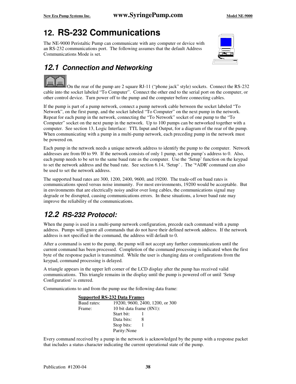 Rs-232 communications, Connection and networking, Rs-232 protocol | New Era NE-9000 Series Programmable Peristaltic User Manual | Page 46 / 65