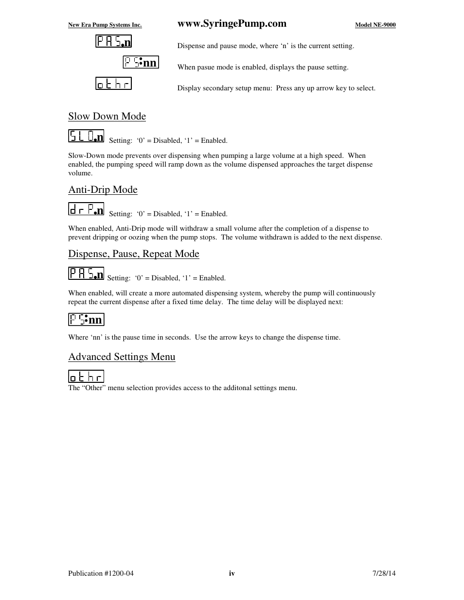 Slow down mode, Anti-drip mode, Dispense, pause, repeat mode | Advanced settings menu | New Era NE-9000 Series Programmable Peristaltic User Manual | Page 5 / 65