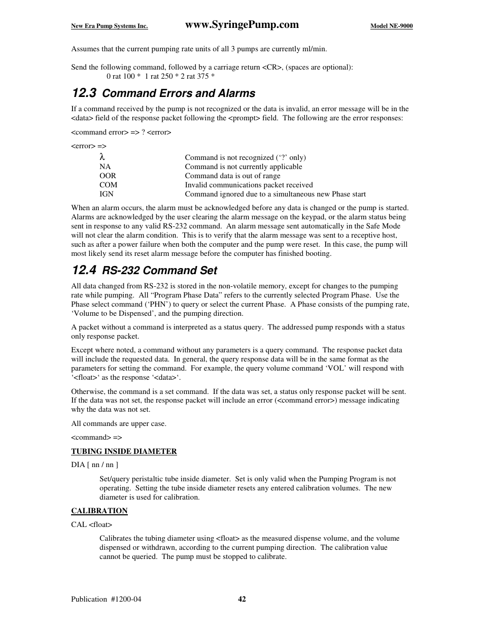 Command errors and alarms, Rs-232 command set | New Era NE-9000 Series Programmable Peristaltic User Manual | Page 50 / 65