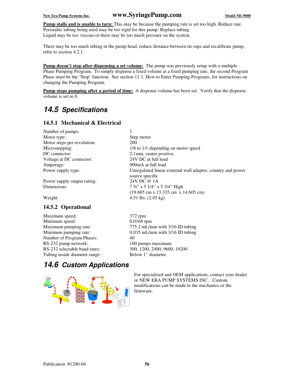Specifications, Custom applications | New Era NE-9000 Series Programmable Peristaltic User Manual | Page 64 / 65