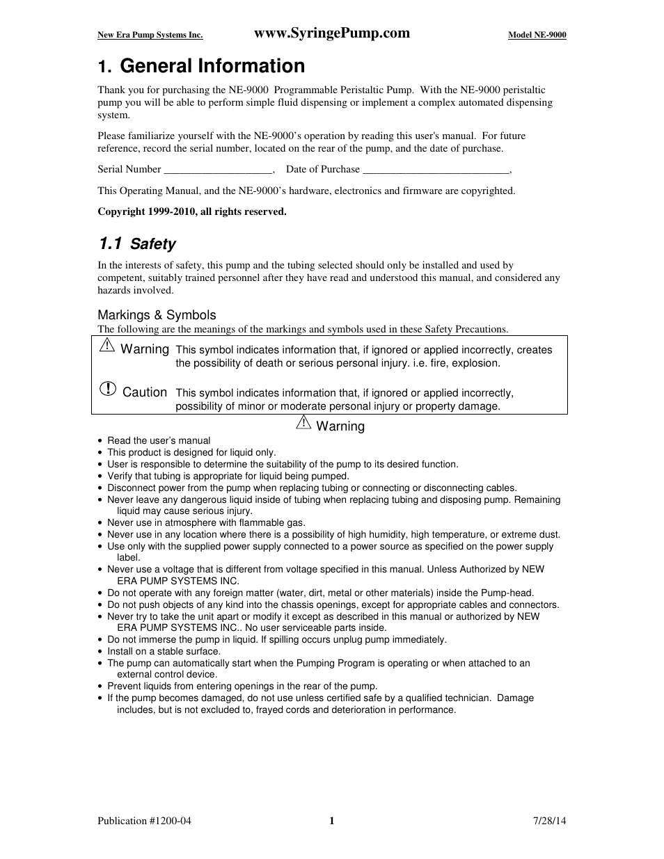 General information, Safety | New Era NE-9000 Series Programmable Peristaltic User Manual | Page 9 / 65