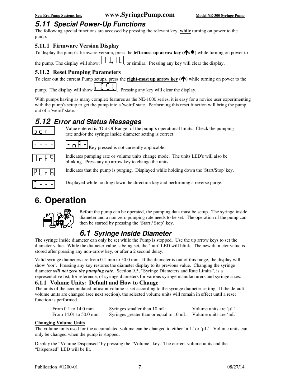 Operation, Special power-up functions, Error and status messages | Syringe inside diameter | New Era NE-300 Just Infusion Syringe User Manual | Page 10 / 14