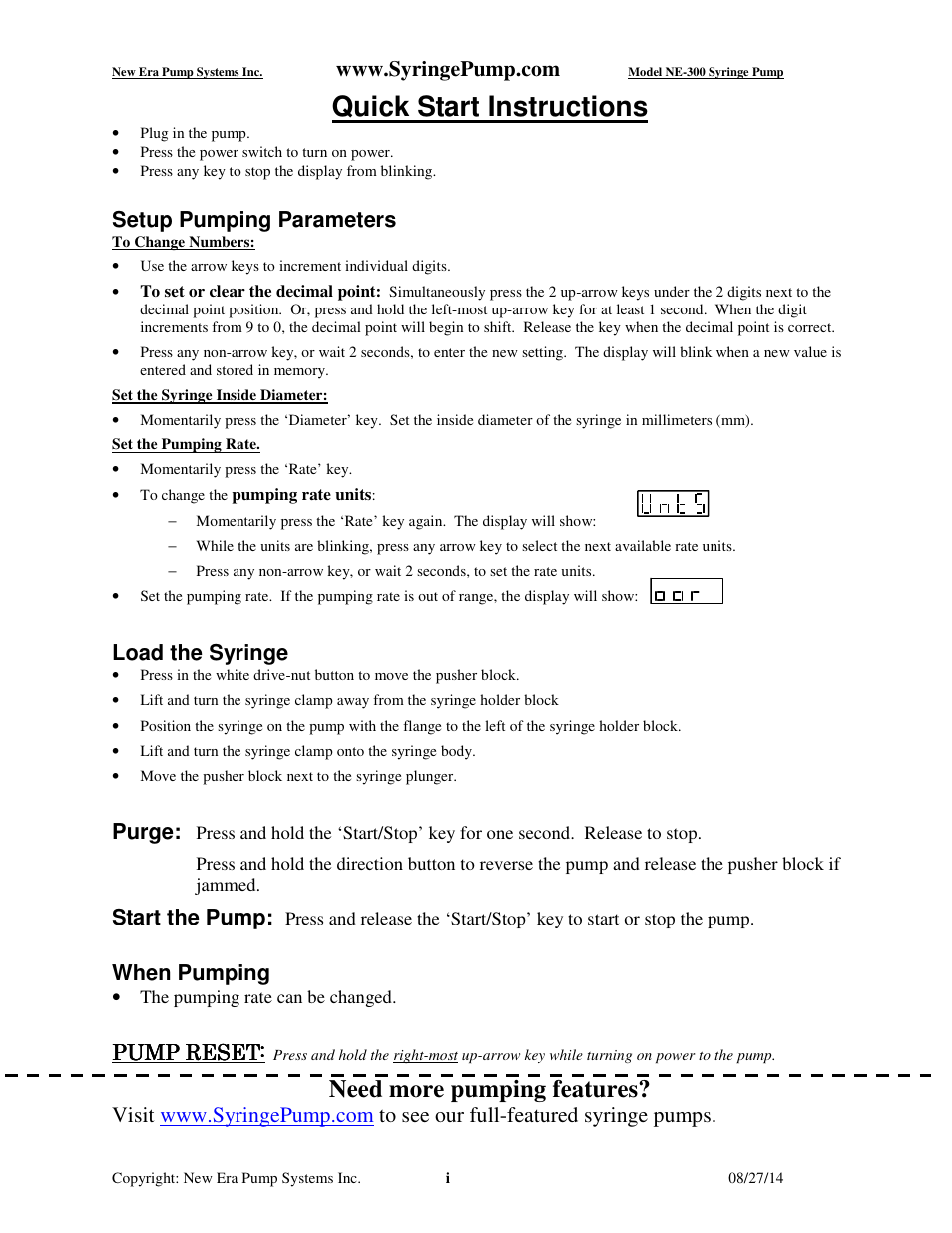 Quick start instructions, Need more pumping features, Setup pumping parameters | Load the syringe, Purge, Start the pump, When pumping, Pump reset | New Era NE-300 Just Infusion Syringe User Manual | Page 2 / 14