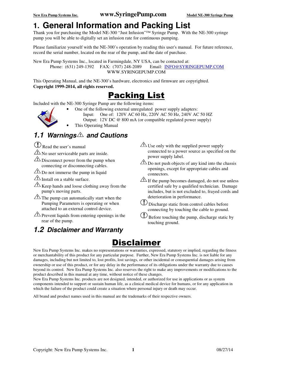 General information and packing list, Packing list, Disclaimer | Warnings, And cautions, Disclaimer and warranty | New Era NE-300 Just Infusion Syringe User Manual | Page 4 / 14