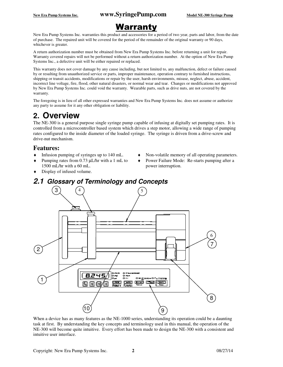 Warranty, Overview, Features | Glossary of terminology and concepts | New Era NE-300 Just Infusion Syringe User Manual | Page 5 / 14