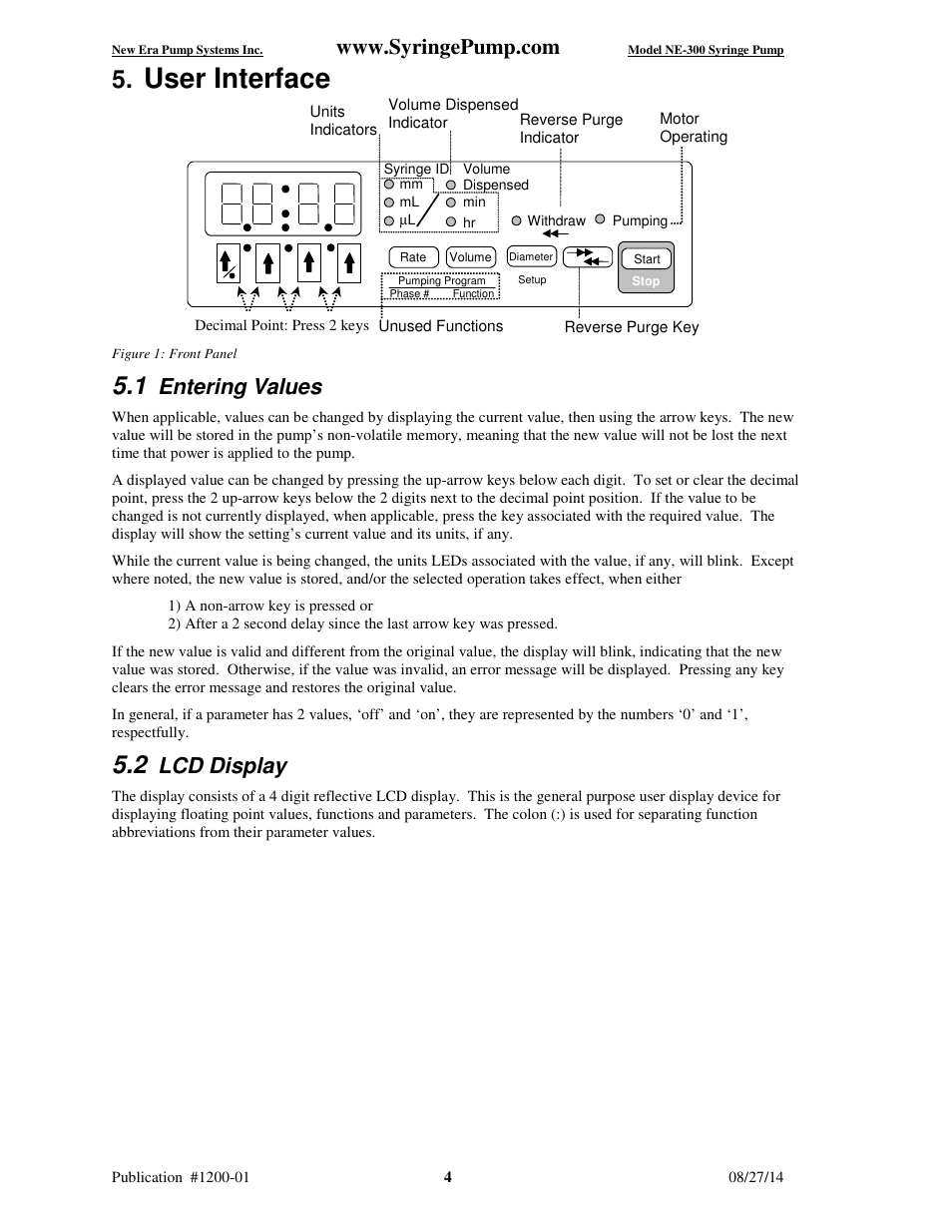 User interface, Entering values, Lcd display | New Era NE-300 Just Infusion Syringe User Manual | Page 7 / 14