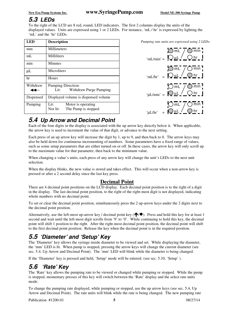 Leds, Up arrow and decimal point, Decimal point | Diameter’ and ‘setup’ key, Rate’ key | New Era NE-300 Just Infusion Syringe User Manual | Page 8 / 14