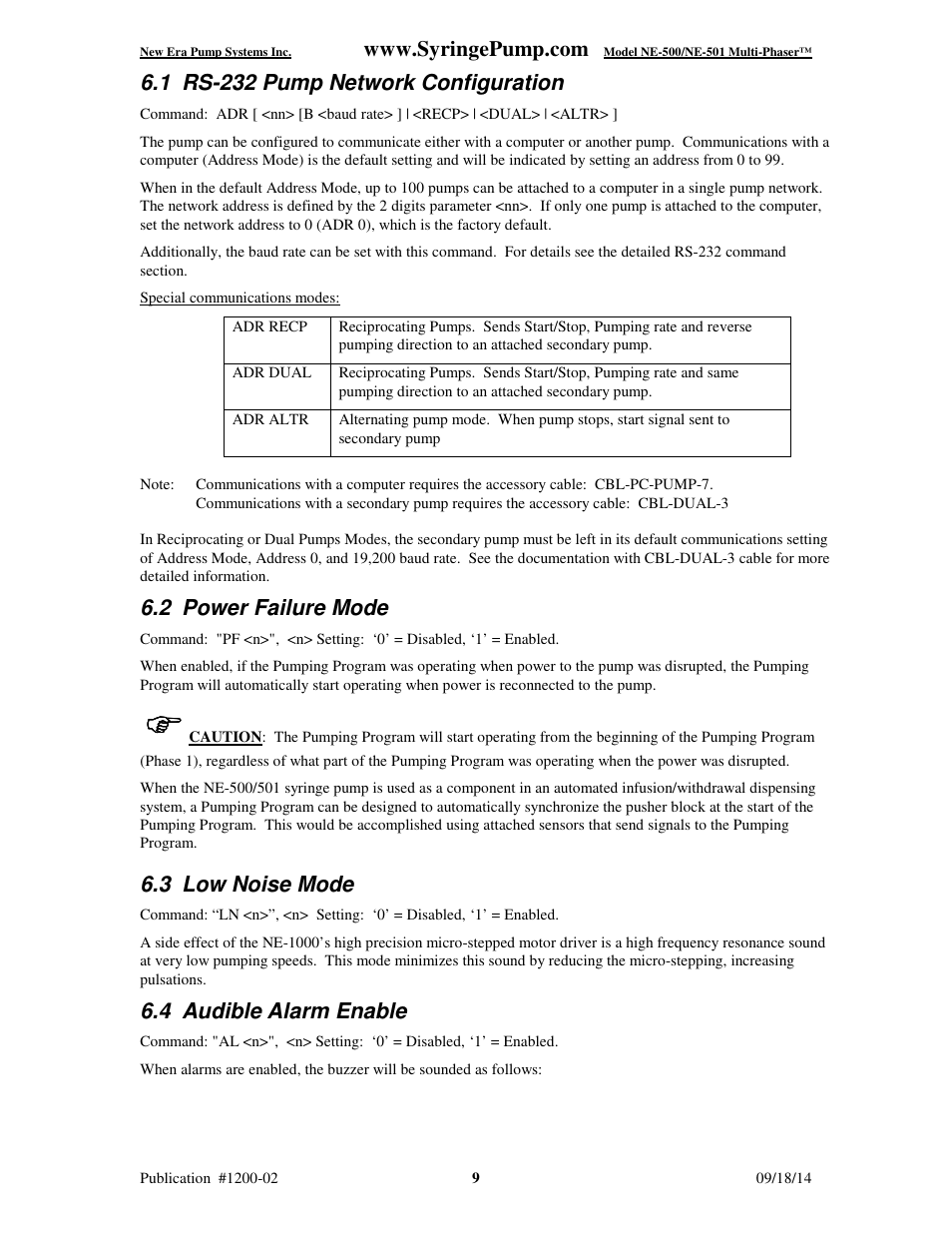 1 rs-232 pump network configuration, 2 power failure mode, 3 low noise mode | 4 audible alarm enable | New Era NE-500 Multi-Phaser Programmable OEM Syringe User Manual | Page 14 / 50