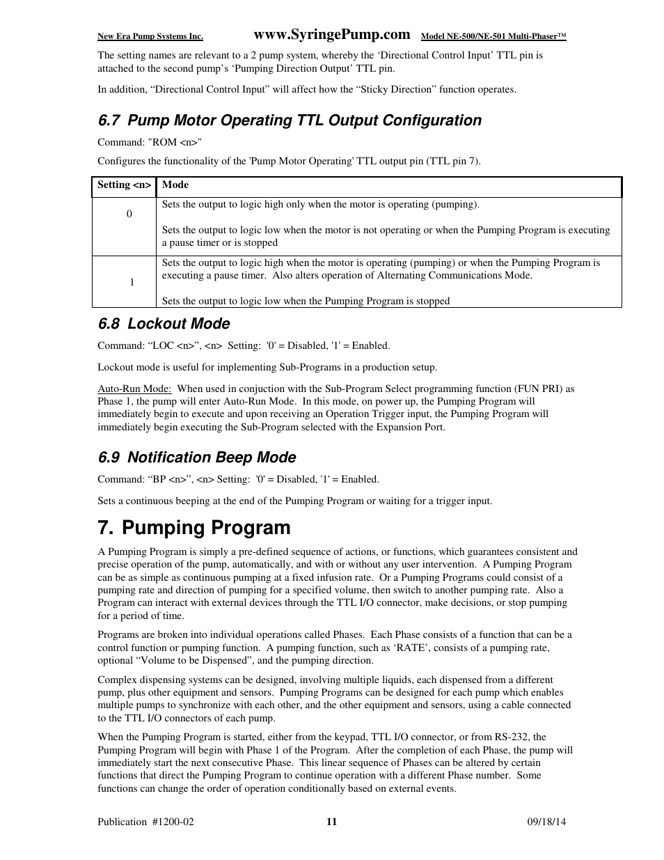 Pumping program, 7 pump motor operating ttl output configuration, 8 lockout mode | 9 notification beep mode | New Era NE-500 Multi-Phaser Programmable OEM Syringe User Manual | Page 16 / 50