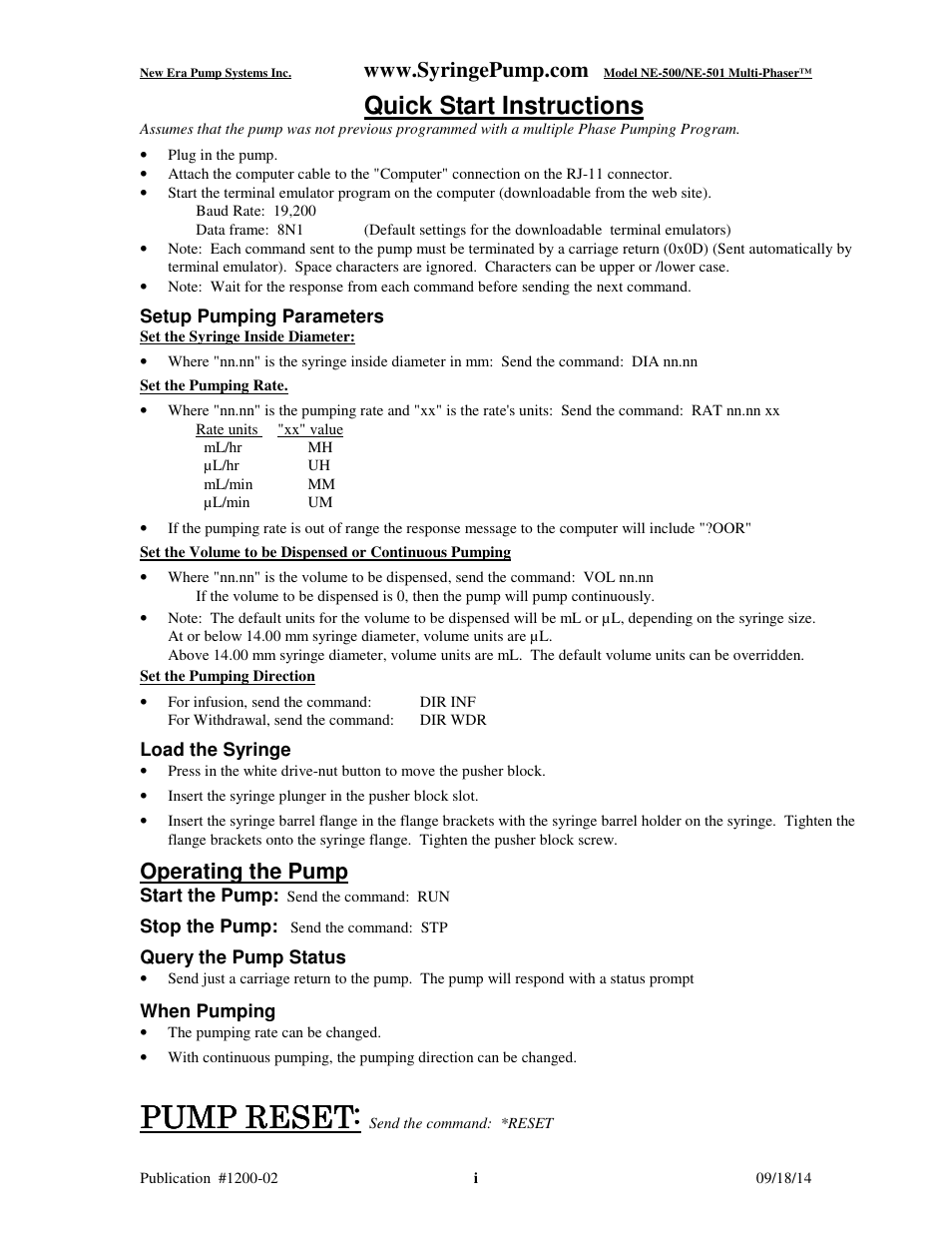 Pump reset, Quick start instructions, Operating the pump | New Era NE-500 Multi-Phaser Programmable OEM Syringe User Manual | Page 2 / 50
