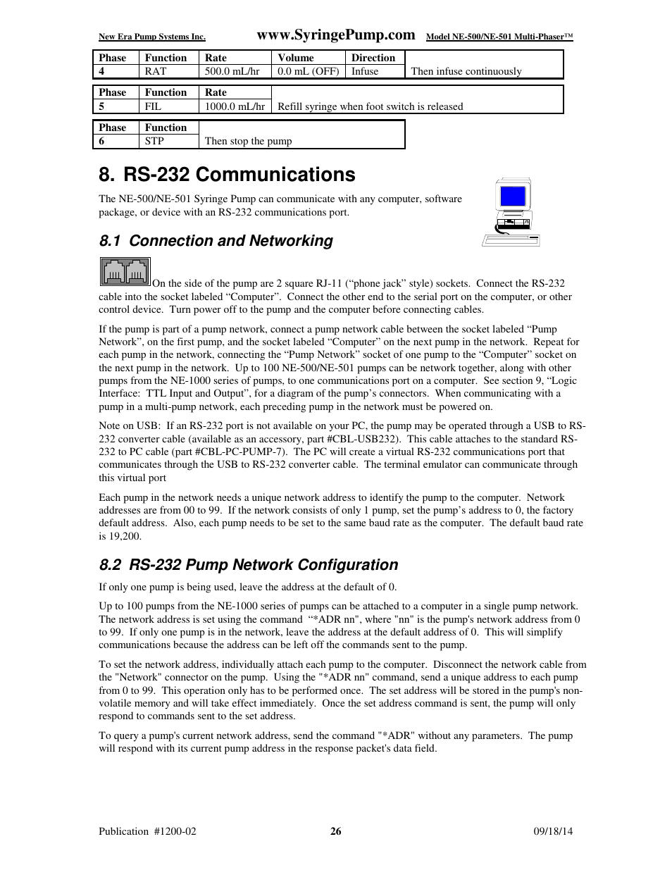 Rs-232 communications, 1 connection and networking, 2 rs-232 pump network configuration | New Era NE-500 Multi-Phaser Programmable OEM Syringe User Manual | Page 31 / 50