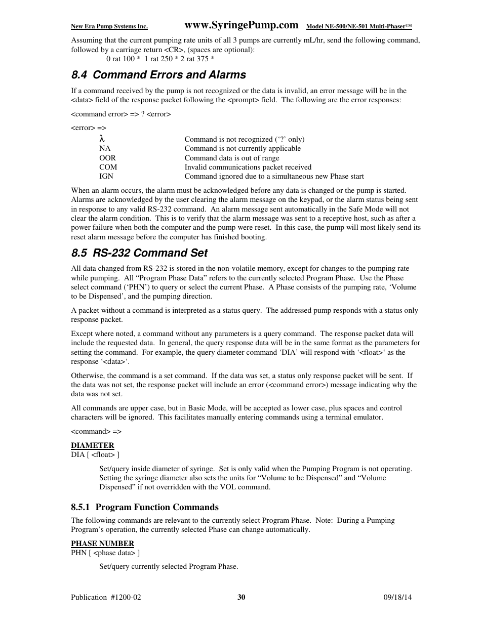 4 command errors and alarms, 5 rs-232 command set | New Era NE-500 Multi-Phaser Programmable OEM Syringe User Manual | Page 35 / 50