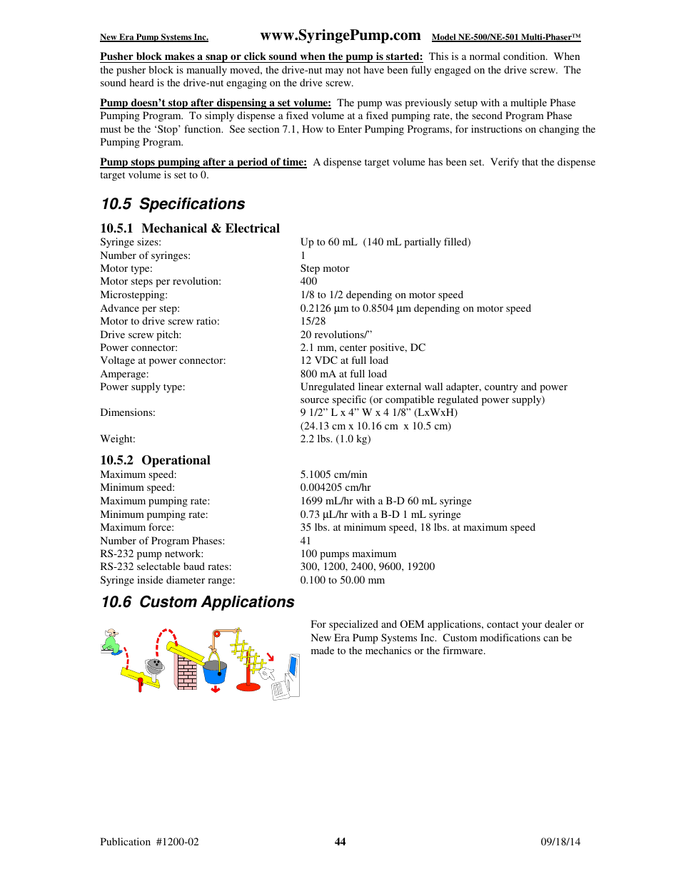 5 specifications, 6 custom applications | New Era NE-500 Multi-Phaser Programmable OEM Syringe User Manual | Page 49 / 50