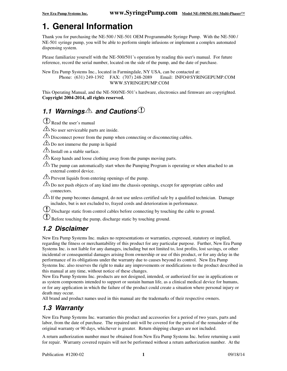 General information, 1 warnings, And cautions | 2 disclaimer, 3 warranty | New Era NE-500 Multi-Phaser Programmable OEM Syringe User Manual | Page 6 / 50