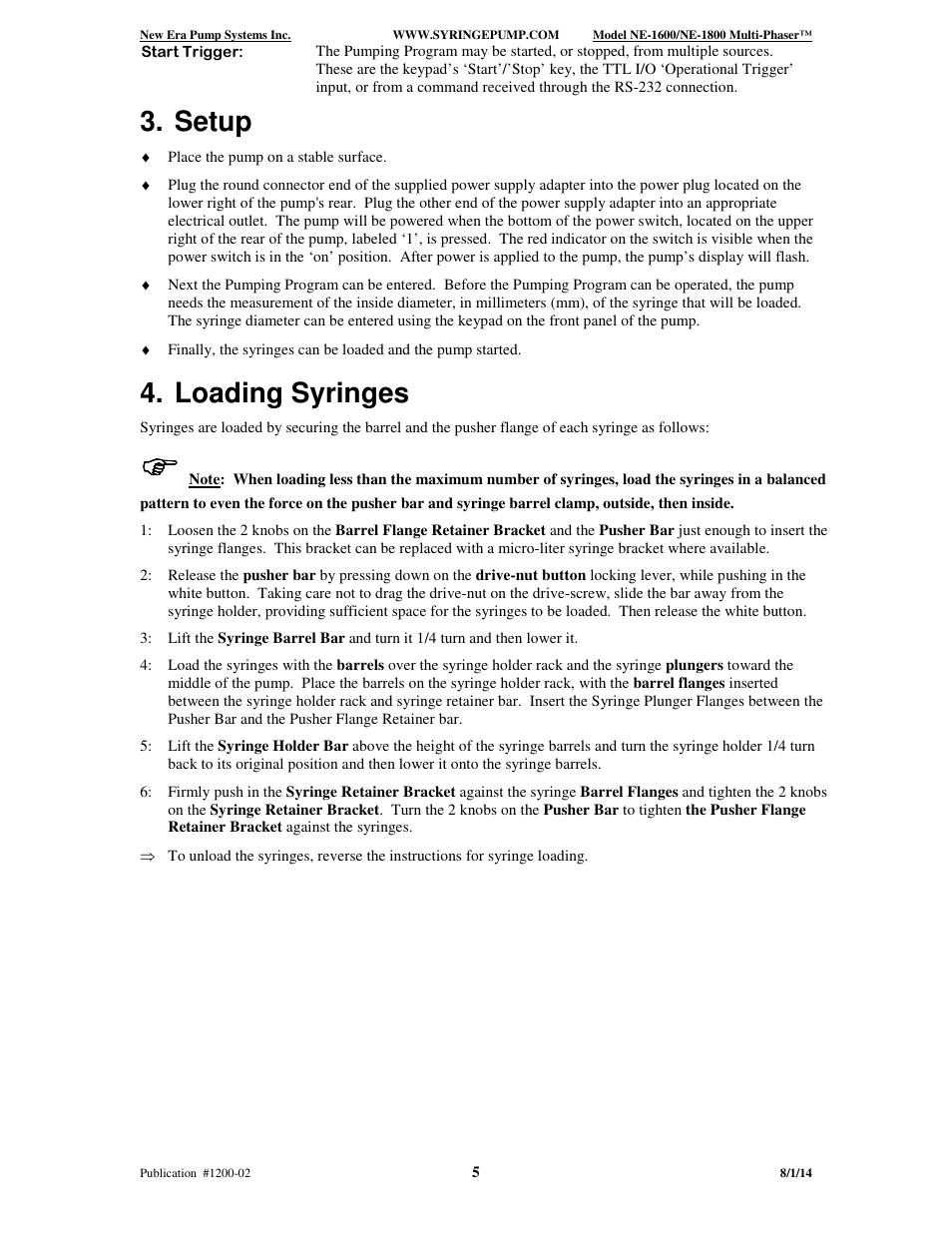 Setup, Loading syringes | New Era NE-1600 Multi-Phaser Programmable Syringe User Manual | Page 10 / 54