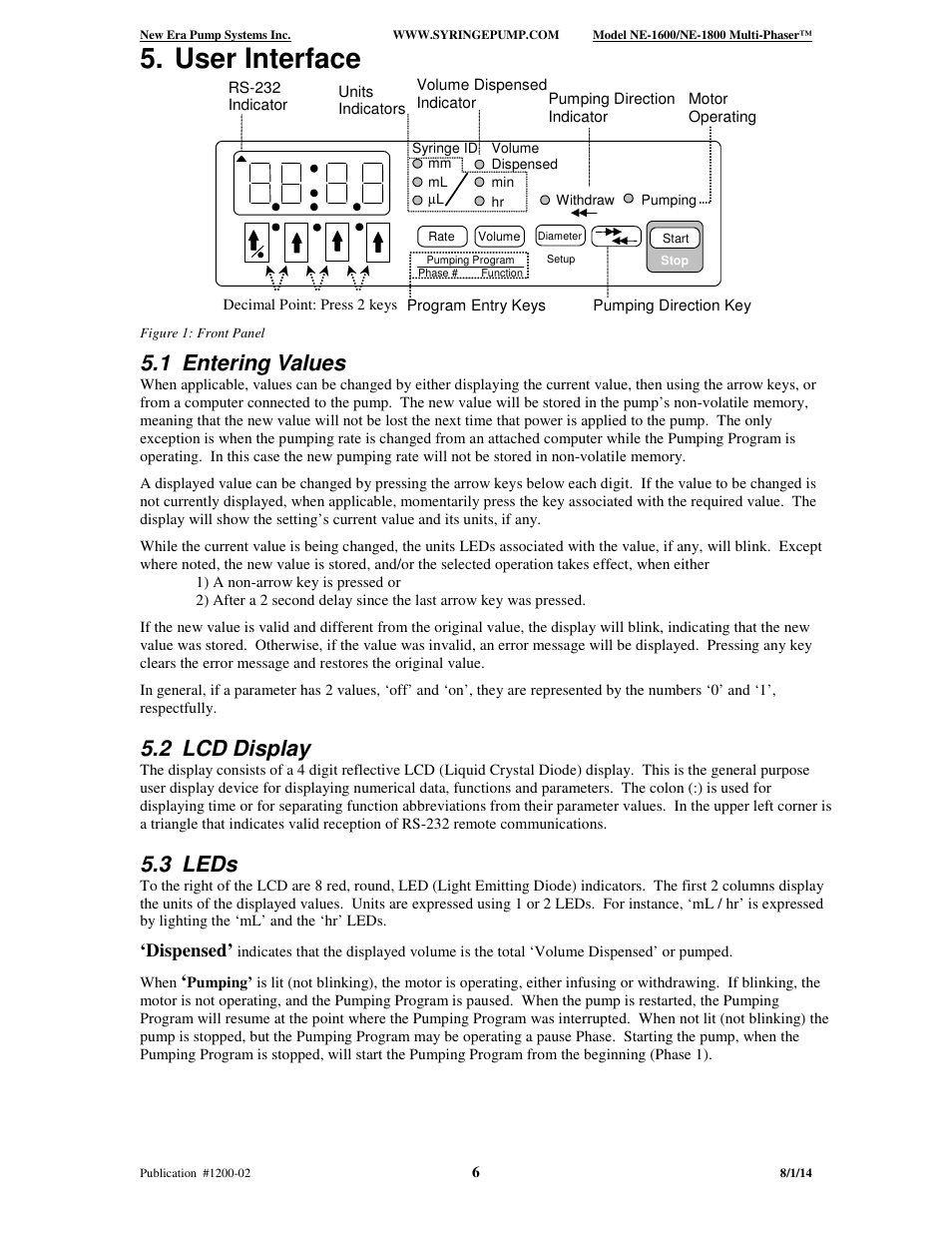 User interface, 1 entering values, 2 lcd display | 3 leds, Dispensed | New Era NE-1600 Multi-Phaser Programmable Syringe User Manual | Page 11 / 54