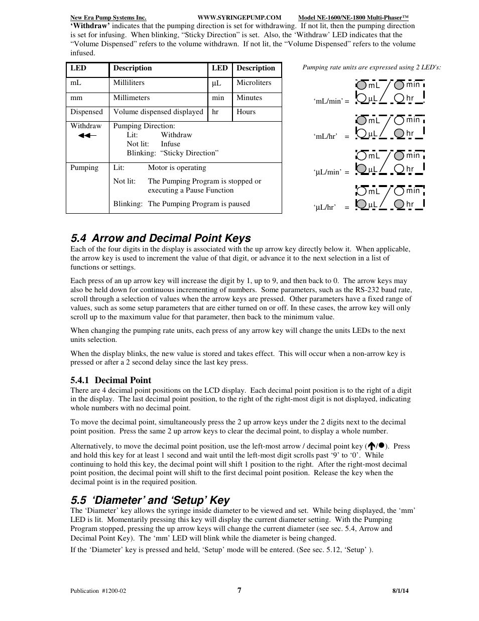 4 arrow and decimal point keys, 5 ‘diameter’ and ‘setup’ key | New Era NE-1600 Multi-Phaser Programmable Syringe User Manual | Page 12 / 54