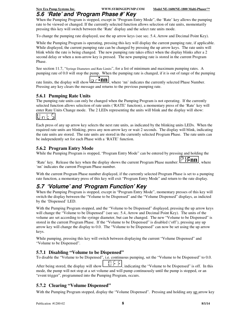 6 ‘rate’ and ‘program phase #’ key, 7 ‘volume’ and ‘program function’ key | New Era NE-1600 Multi-Phaser Programmable Syringe User Manual | Page 13 / 54