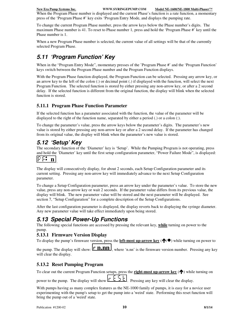 N.nn, 11 ‘program function’ key, 12 ‘setup’ key | 13 special power-up functions | New Era NE-1600 Multi-Phaser Programmable Syringe User Manual | Page 15 / 54