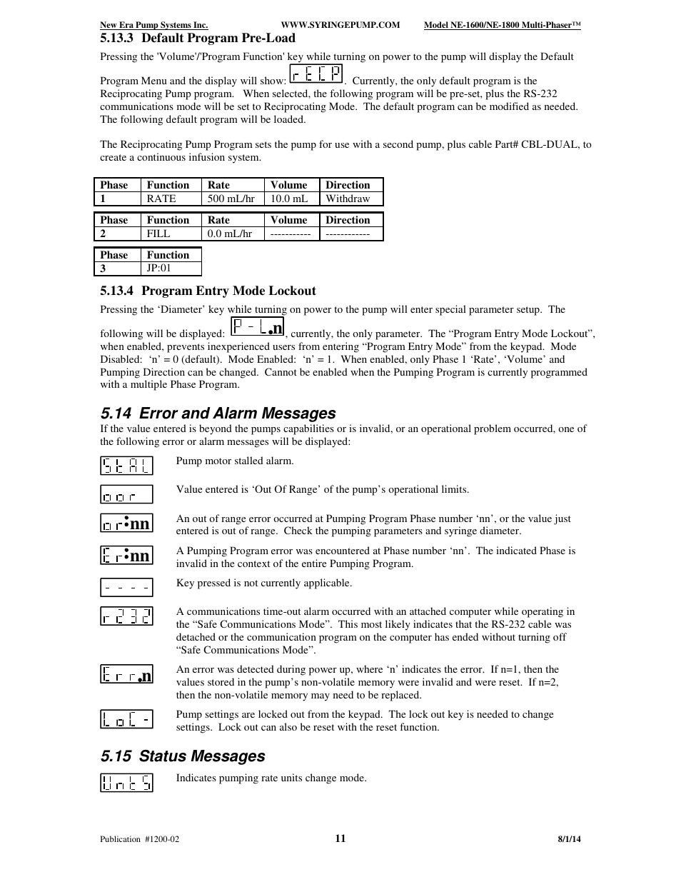 14 error and alarm messages, 15 status messages | New Era NE-1600 Multi-Phaser Programmable Syringe User Manual | Page 16 / 54