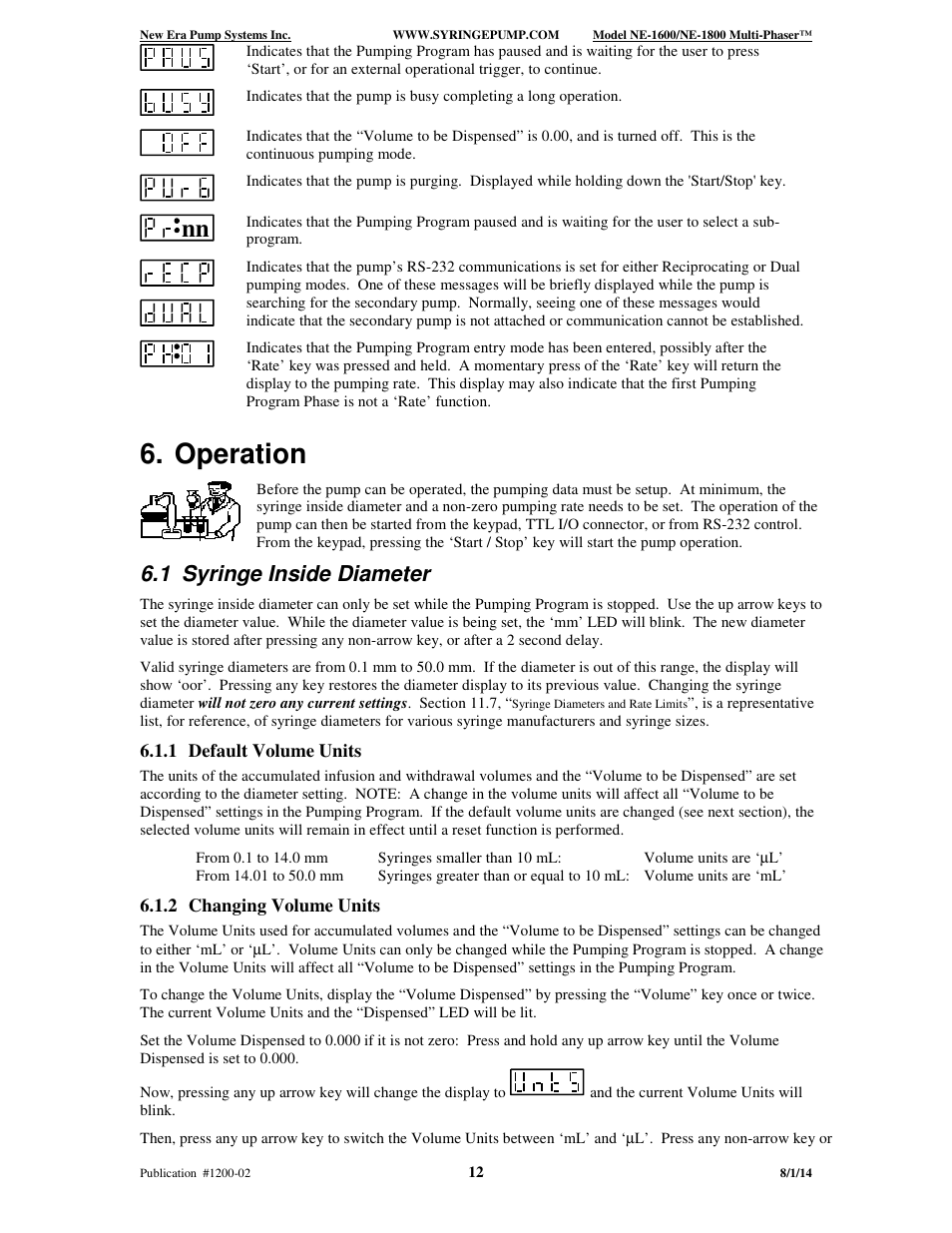 Operation, 1 syringe inside diameter | New Era NE-1600 Multi-Phaser Programmable Syringe User Manual | Page 17 / 54