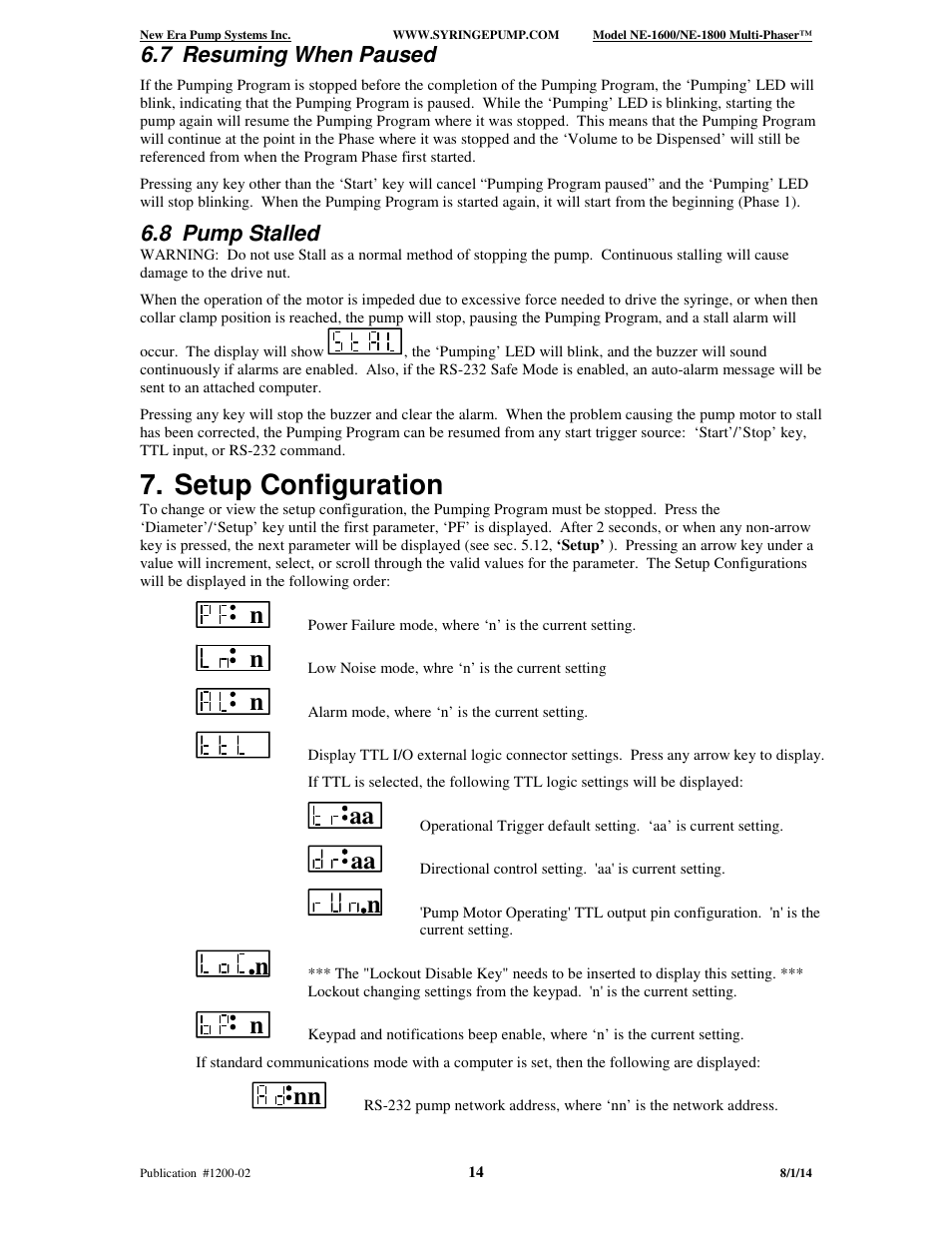 Setup configuration, 7 resuming when paused, 8 pump stalled | New Era NE-1600 Multi-Phaser Programmable Syringe User Manual | Page 19 / 54