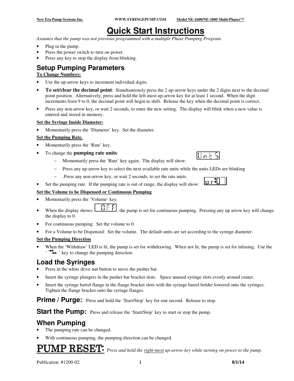 Pump reset, Quick start instructions, Setup pumping parameters | Load the syringes, Prime / purge, Start the pump, When pumping | New Era NE-1600 Multi-Phaser Programmable Syringe User Manual | Page 2 / 54