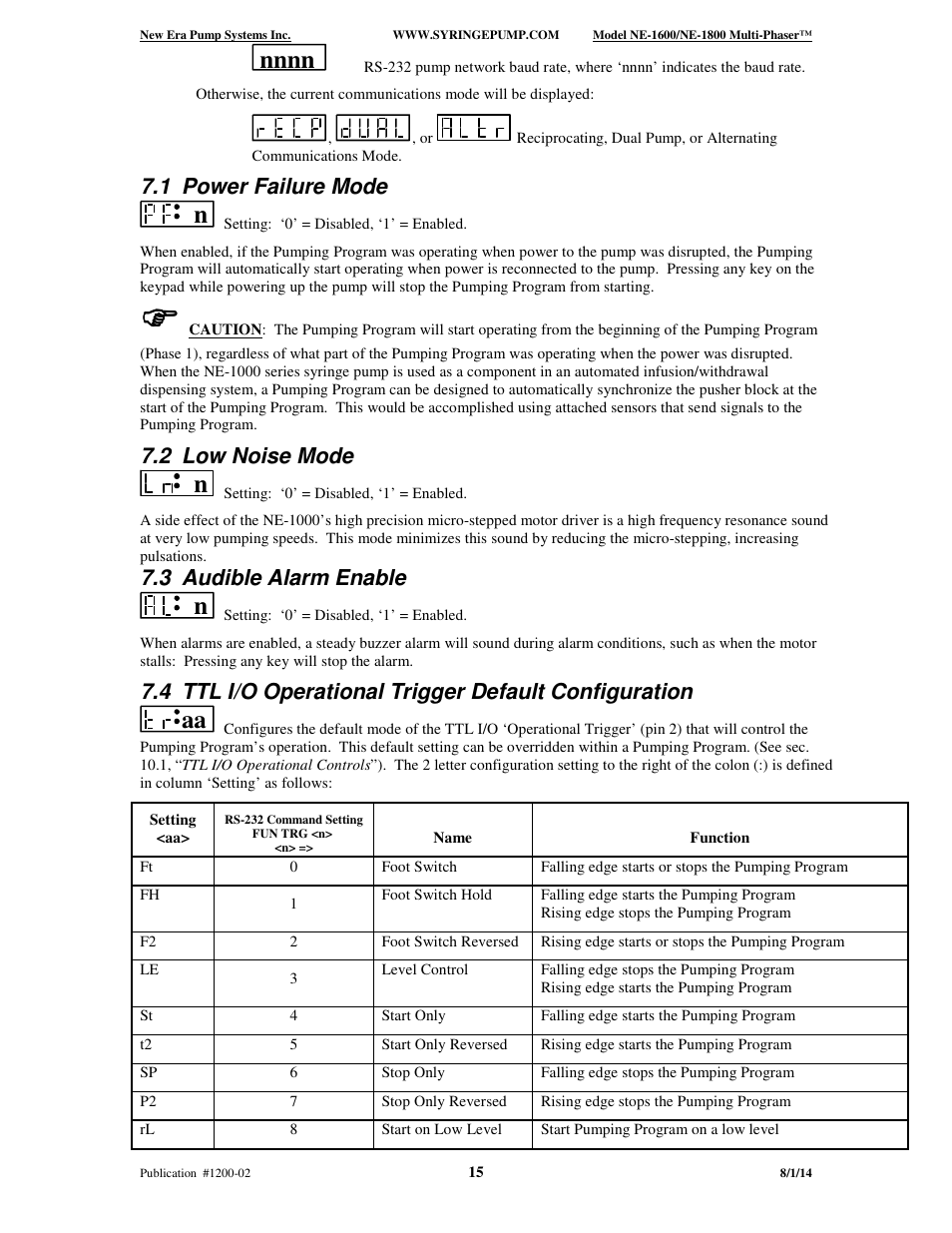 1 power failure mode, 2 low noise mode, 3 audible alarm enable | New Era NE-1600 Multi-Phaser Programmable Syringe User Manual | Page 20 / 54