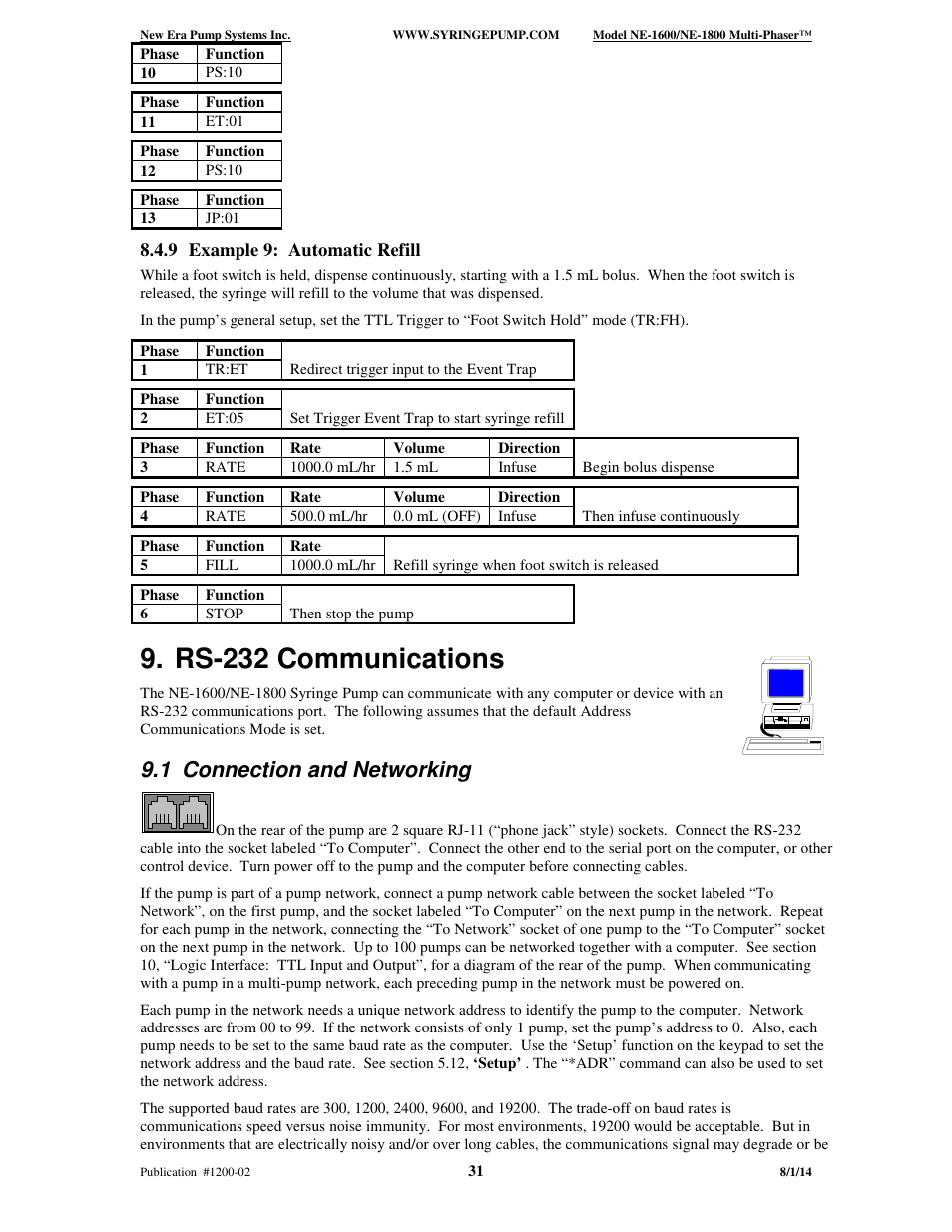 Rs-232 communications, 1 connection and networking, 9 example 9: automatic refill | New Era NE-1600 Multi-Phaser Programmable Syringe User Manual | Page 36 / 54