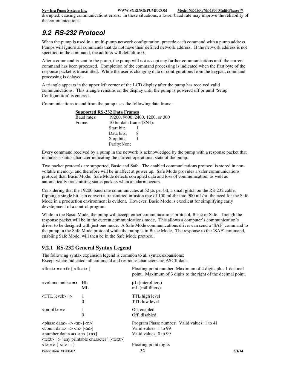 2 rs-232 protocol | New Era NE-1600 Multi-Phaser Programmable Syringe User Manual | Page 37 / 54