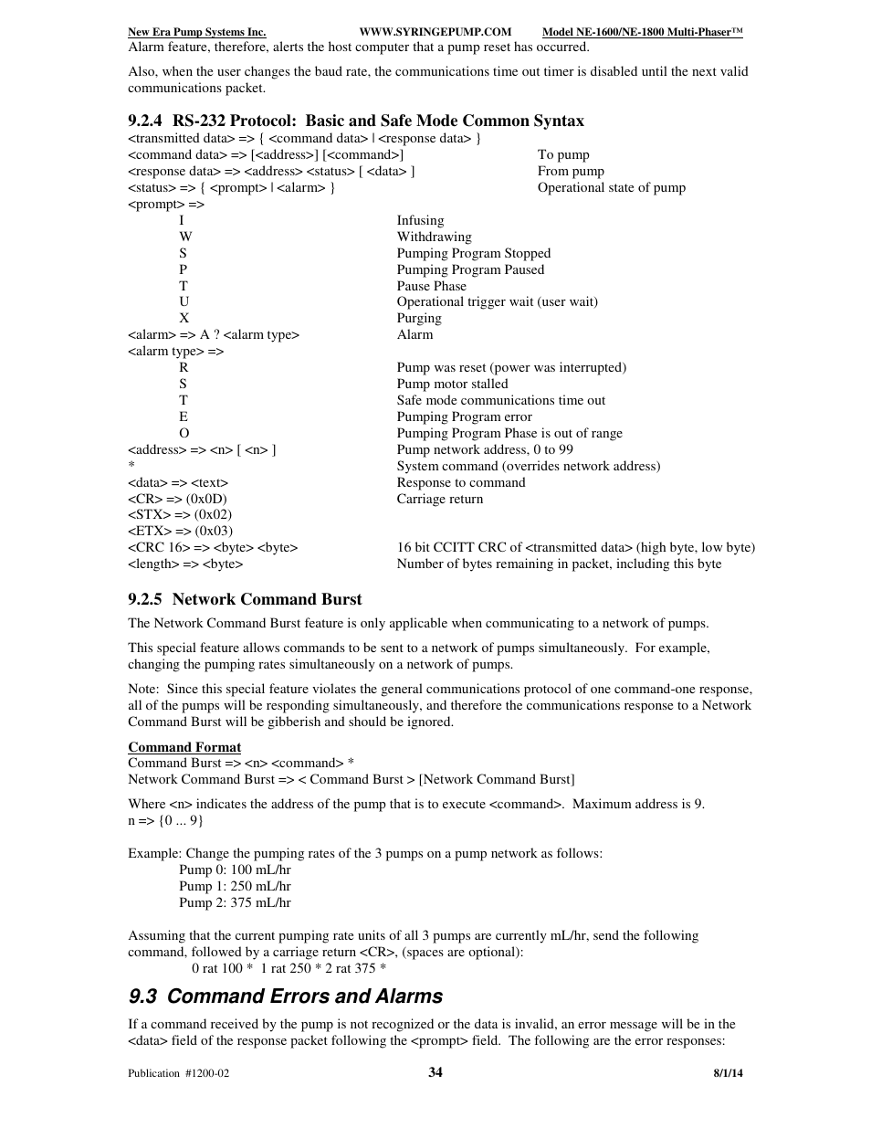 3 command errors and alarms | New Era NE-1600 Multi-Phaser Programmable Syringe User Manual | Page 39 / 54