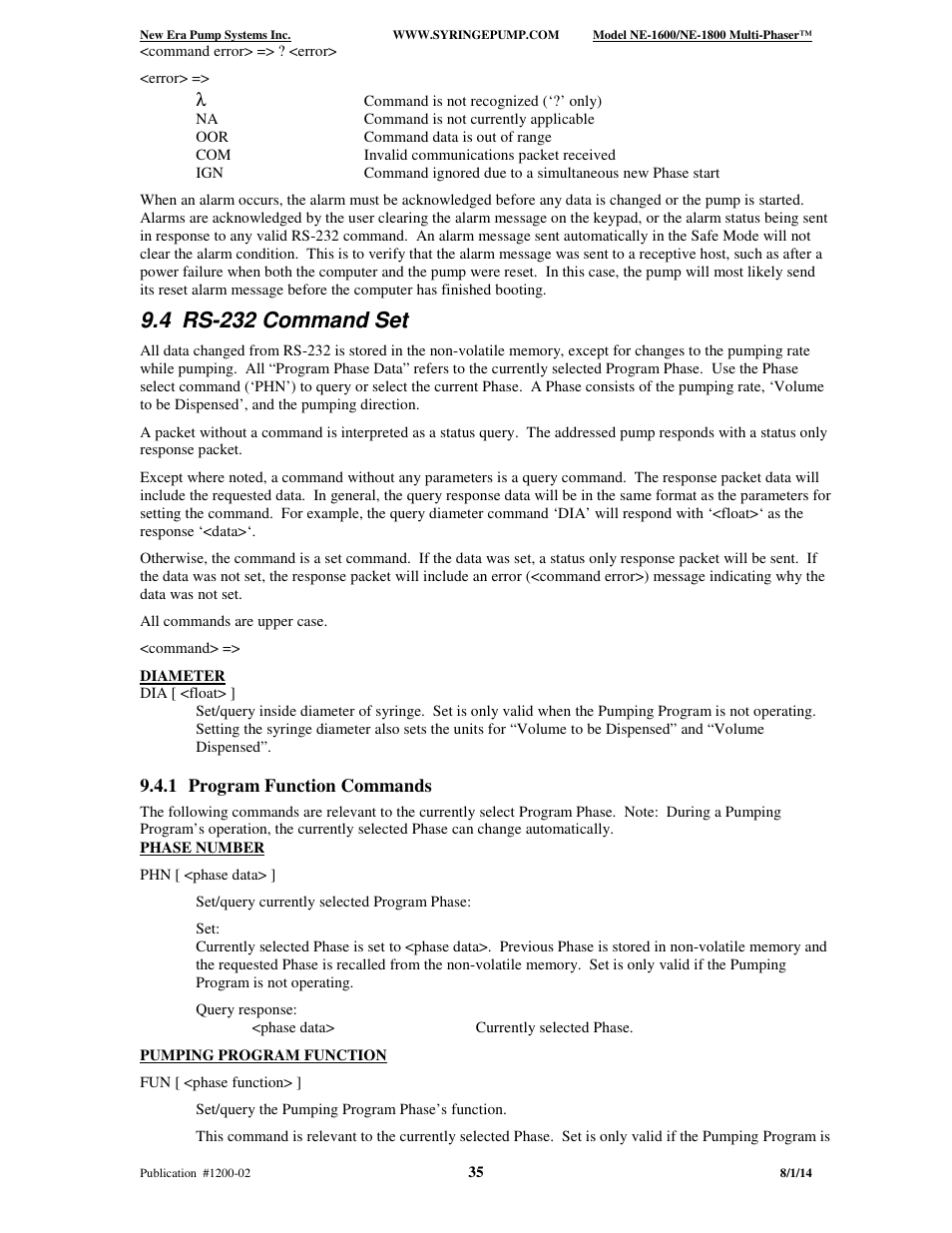 4 rs-232 command set | New Era NE-1600 Multi-Phaser Programmable Syringe User Manual | Page 40 / 54