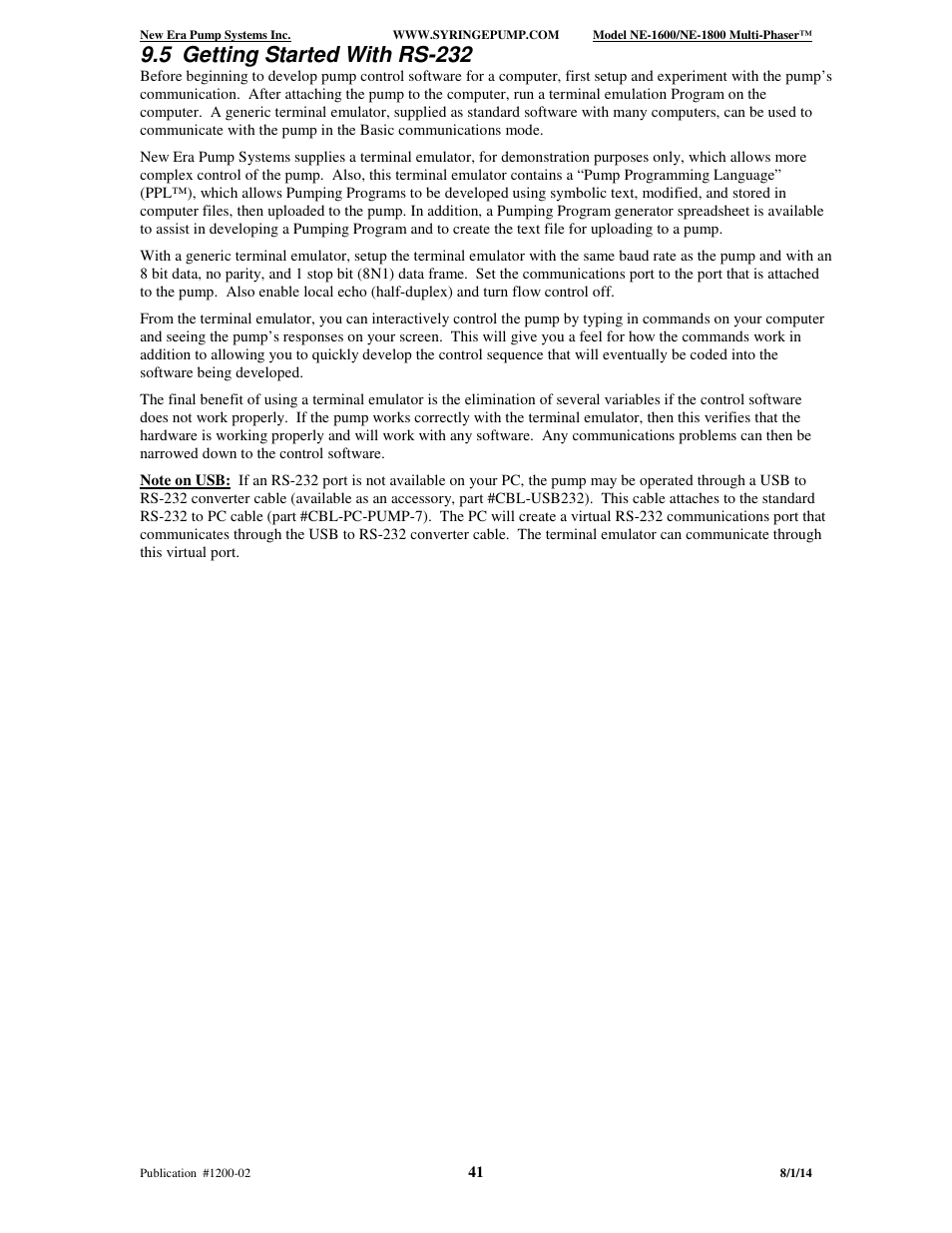5 getting started with rs-232 | New Era NE-1600 Multi-Phaser Programmable Syringe User Manual | Page 46 / 54