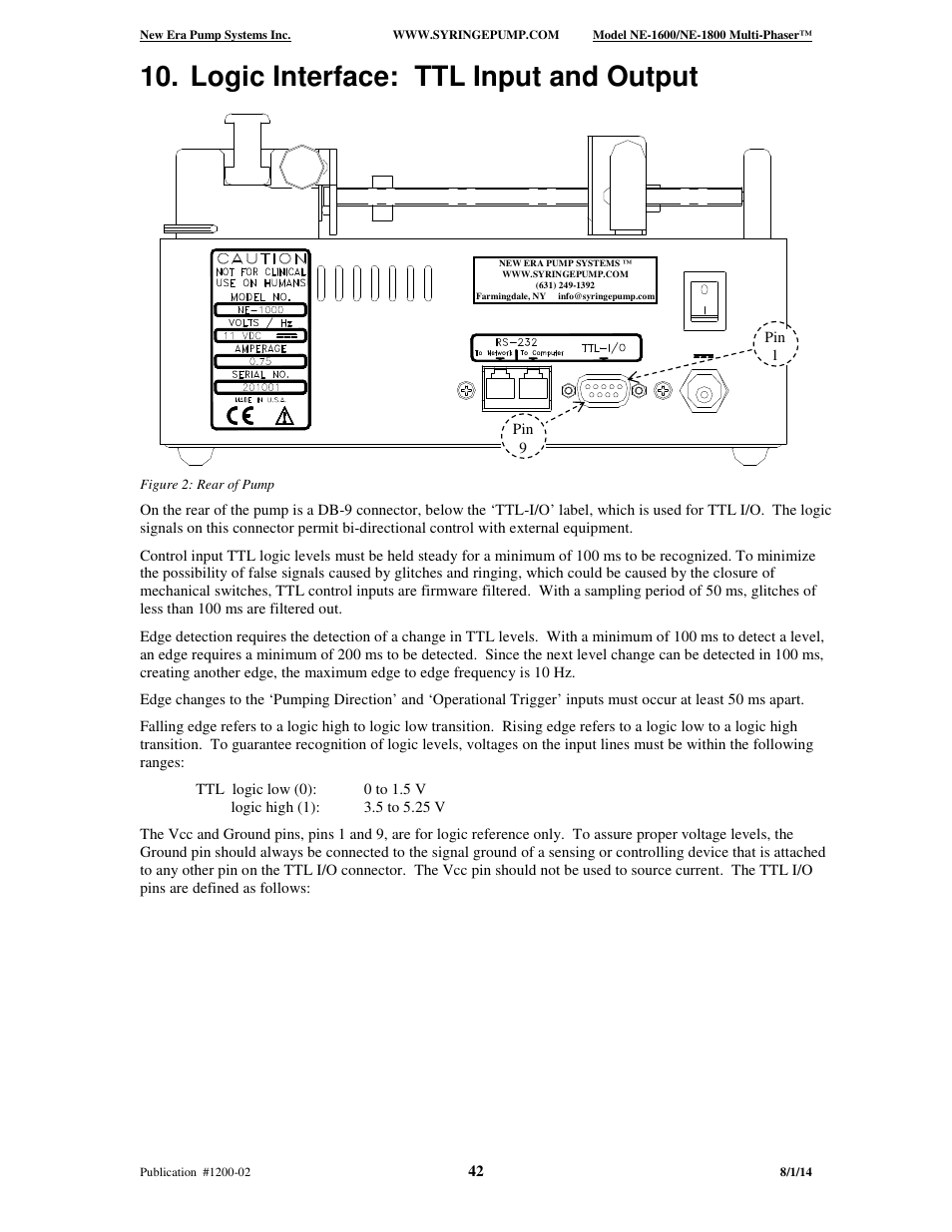 Logic interface: ttl input and output | New Era NE-1600 Multi-Phaser Programmable Syringe User Manual | Page 47 / 54