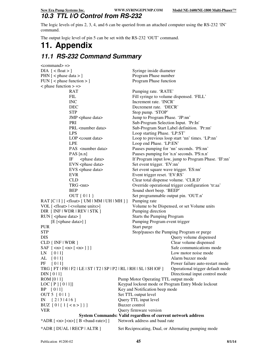 Appendix, 3 ttl i/o control from rs-232, 1 rs-232 command summary | New Era NE-1600 Multi-Phaser Programmable Syringe User Manual | Page 50 / 54