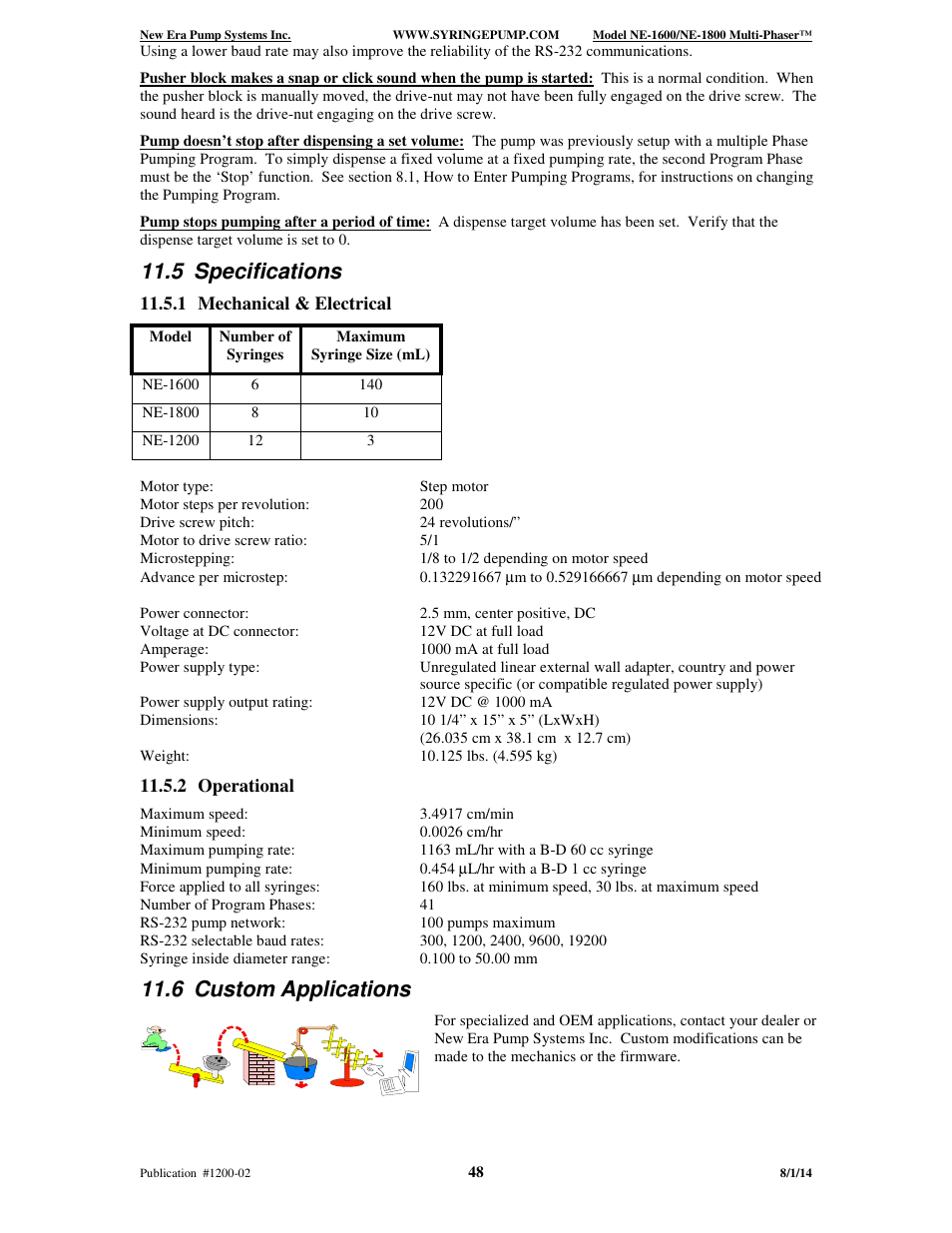 5 specifications, 6 custom applications | New Era NE-1600 Multi-Phaser Programmable Syringe User Manual | Page 53 / 54