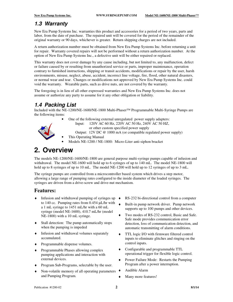 Overview, 3 warranty, 4 packing list | Features | New Era NE-1600 Multi-Phaser Programmable Syringe User Manual | Page 7 / 54